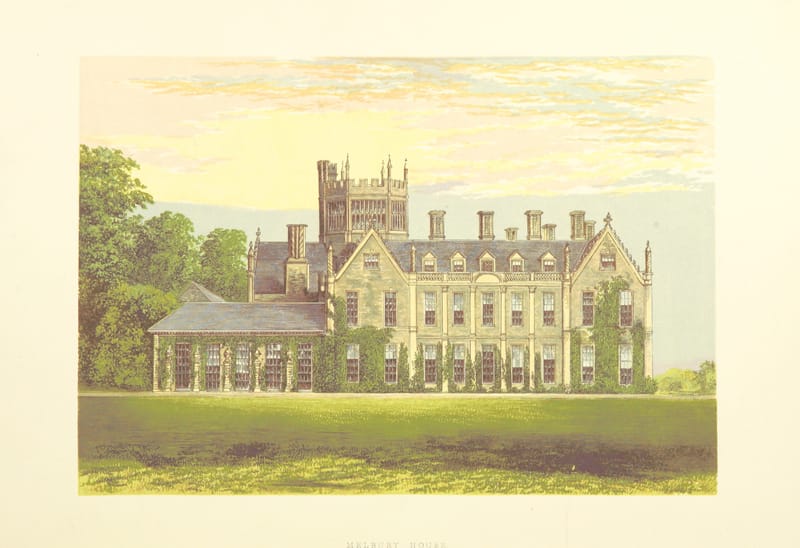 Melbury House, a many-windowed mansion with a tower, behind a green lawn.