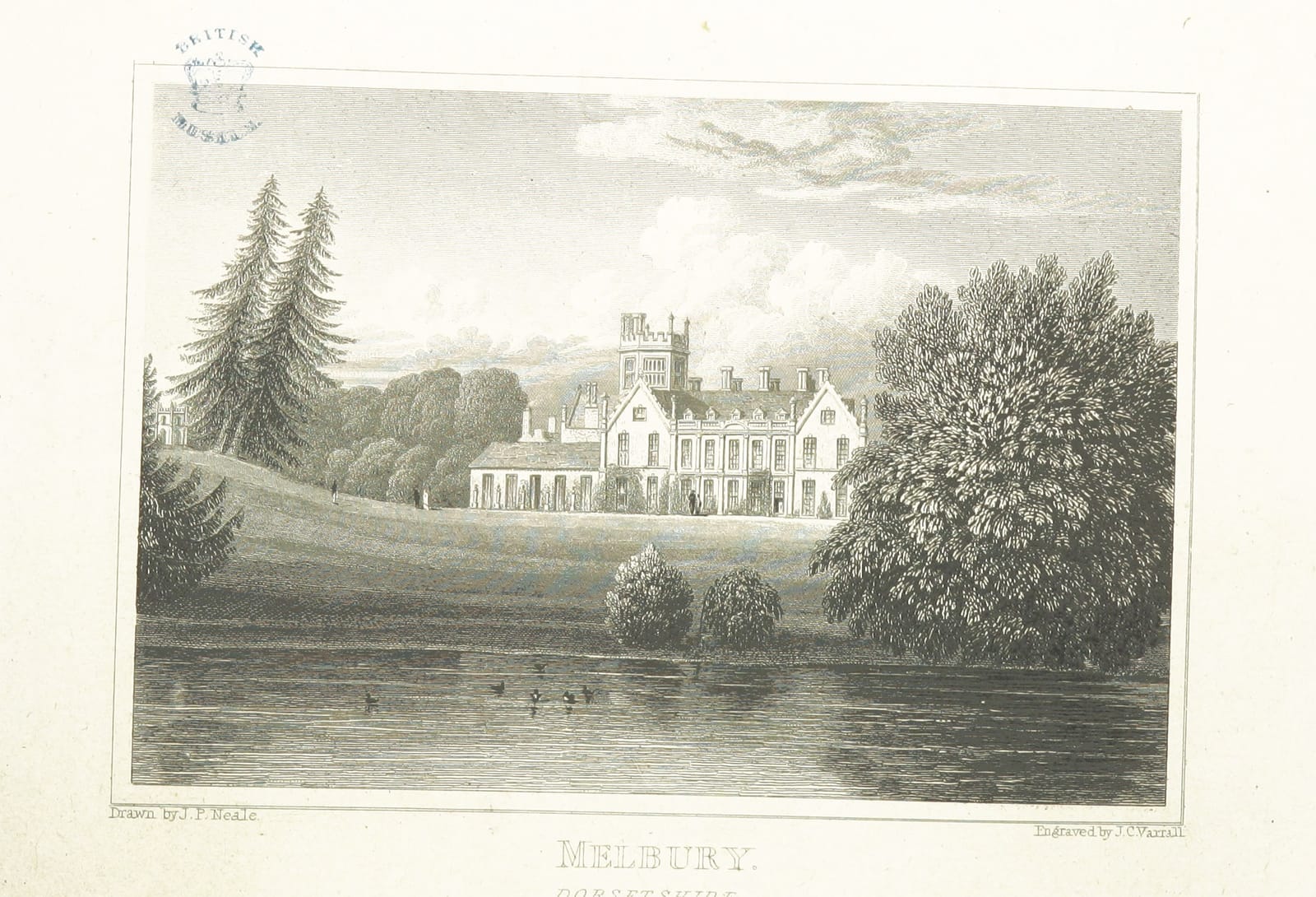 An engraving of Melbury House across a lake, with tall trees on either side.