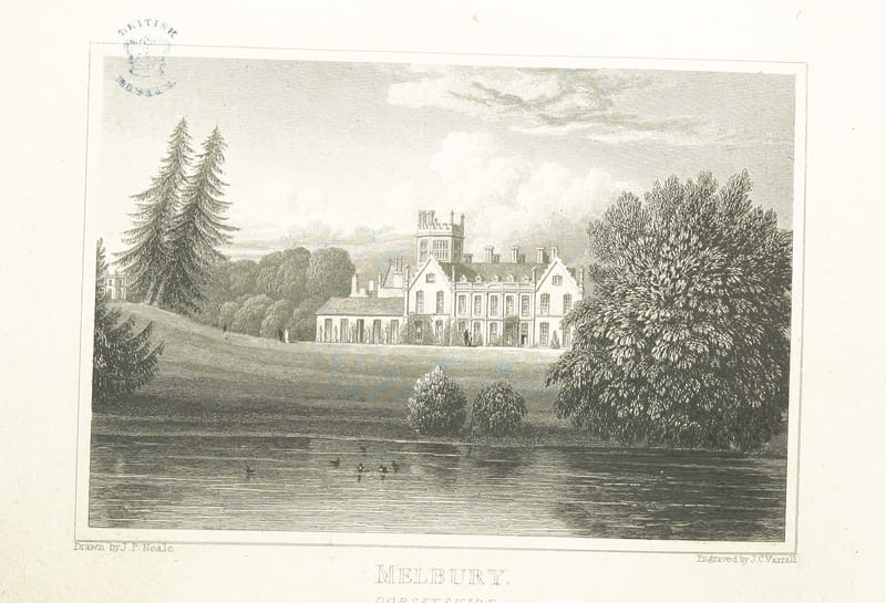 An engraving of Melbury House across a lake, with tall trees on either side.