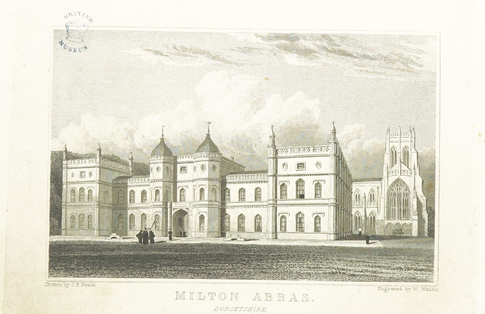 An engraving of the long house at Milton Abbas with the abbey church beside it.