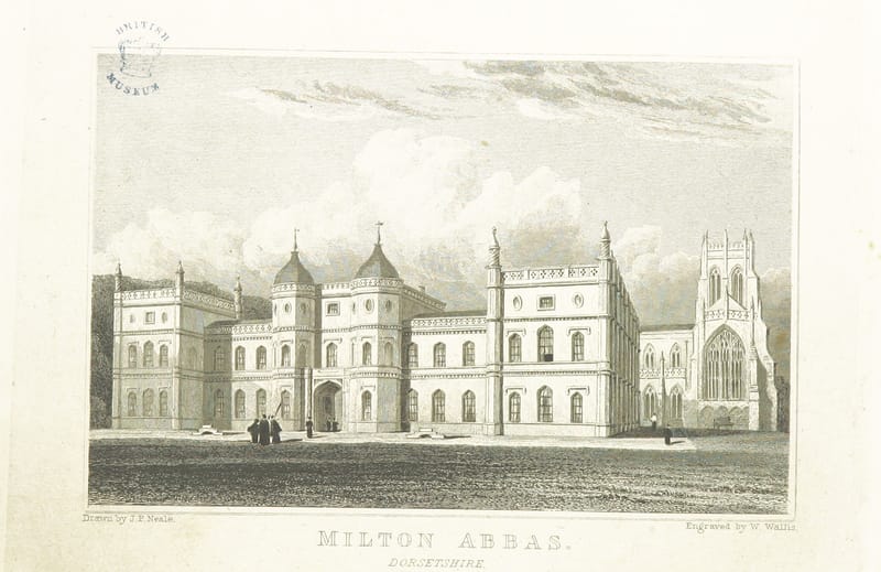 An engraving of the long house at Milton Abbas with the abbey church beside it.