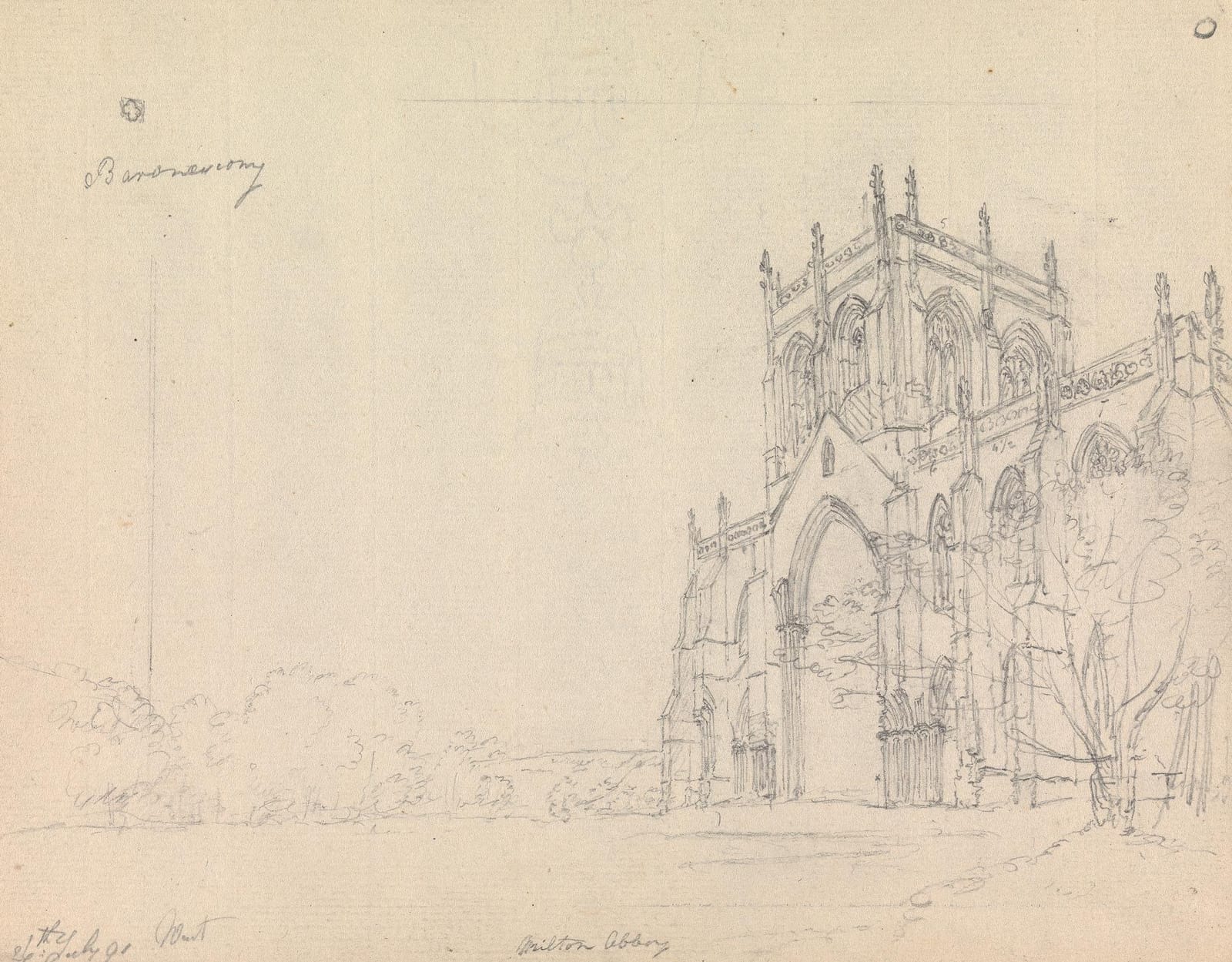 A pencil drawing of the tower and tall windows of the abbey church at Milton.