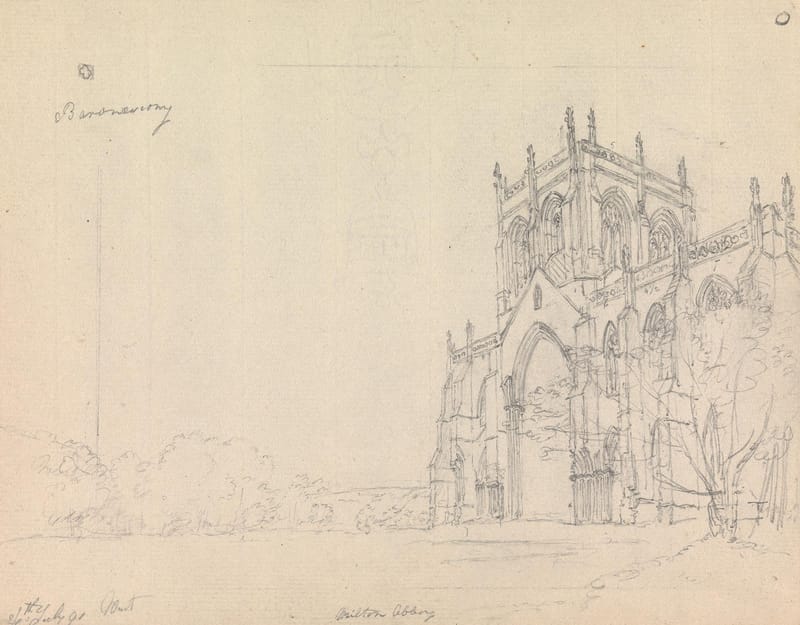 A pencil drawing of the tower and tall windows of the abbey church at Milton.