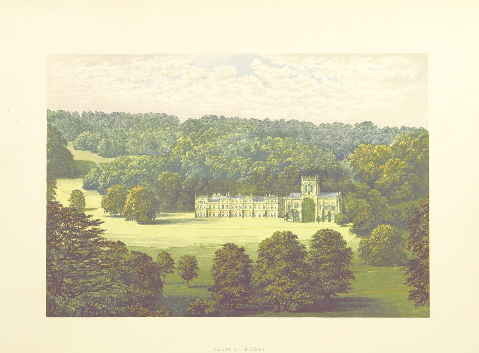 The great house and abbey church at Milton Abbas in a green valley ringed by woods.