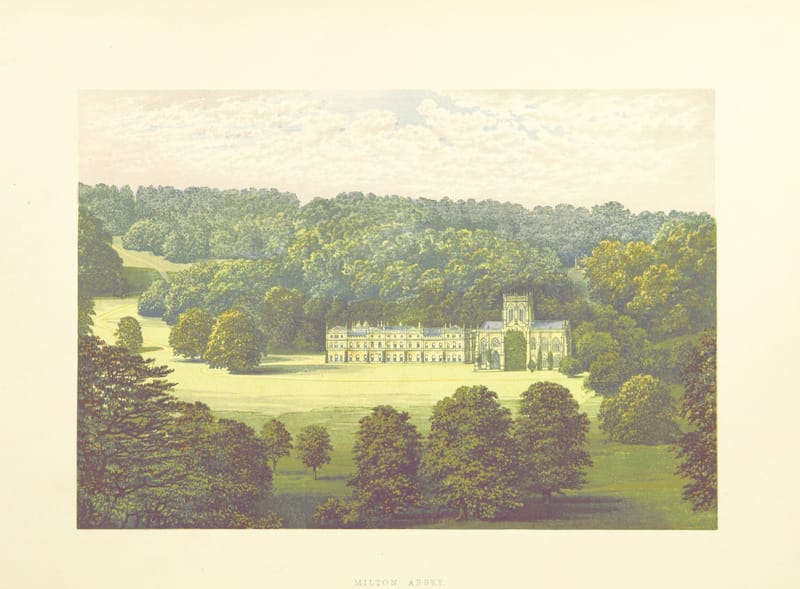 The great house and abbey church at Milton Abbas in a green valley ringed by woods.