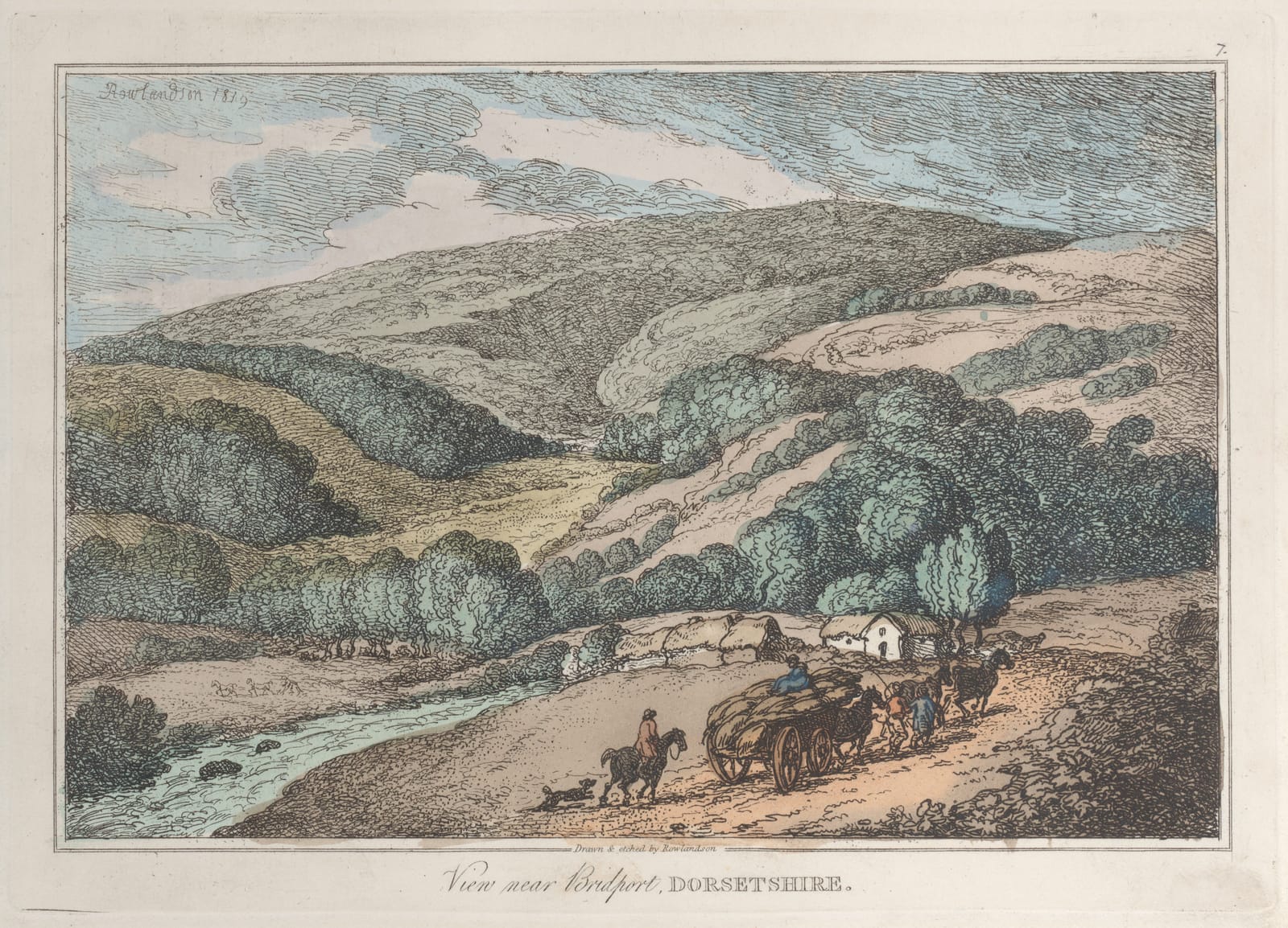 Rounded green hills folding down to a stream, with a cart and horses on the road below.