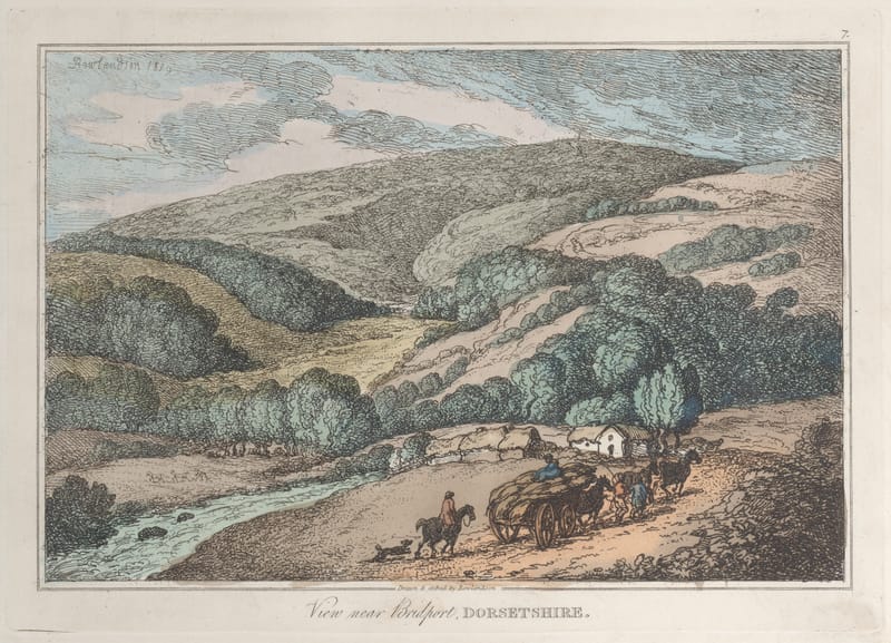 Rounded green hills folding down to a stream, with a cart and horses on the road below.