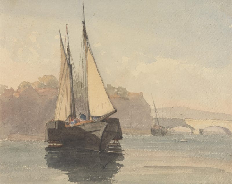 A tall-masted sailing boat on still water, with a bridge and low hills behind.