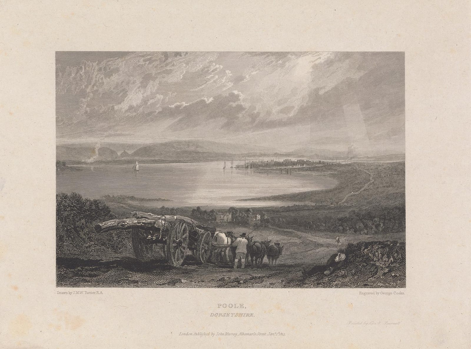 An engraving of Poole Harbour seen from the hills, with carts and figures in the foreground.