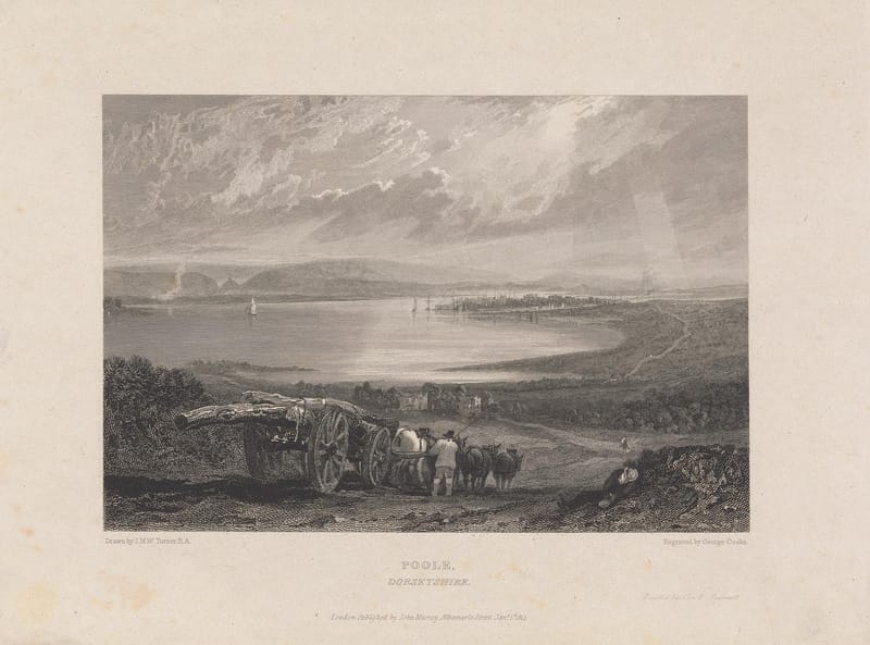 An engraving of Poole Harbour seen from the hills, with carts and figures in the foreground.