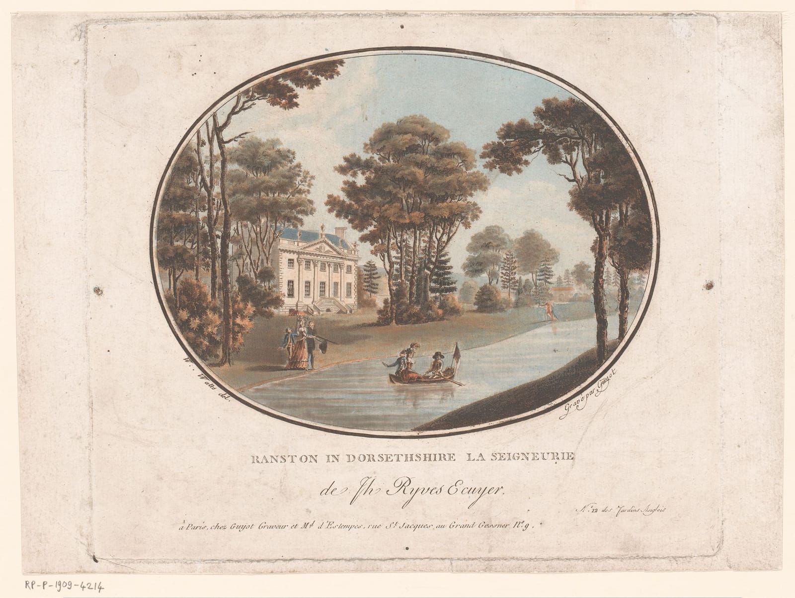 An oval coloured print of a pale house among tall trees, with a boat on the water in front.
