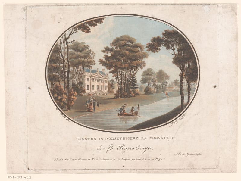 An oval coloured print of a pale house among tall trees, with a boat on the water in front.