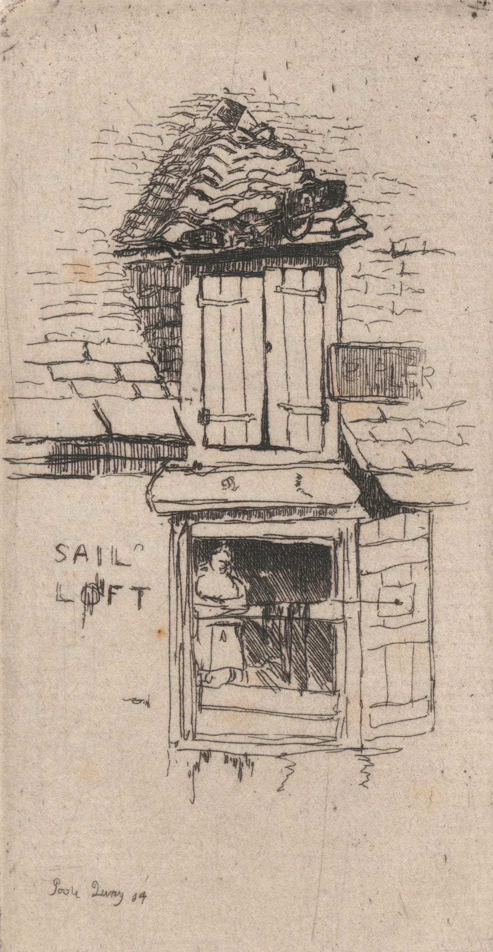 An etching of an old building with a sign reading Sail Loft over a doorway.