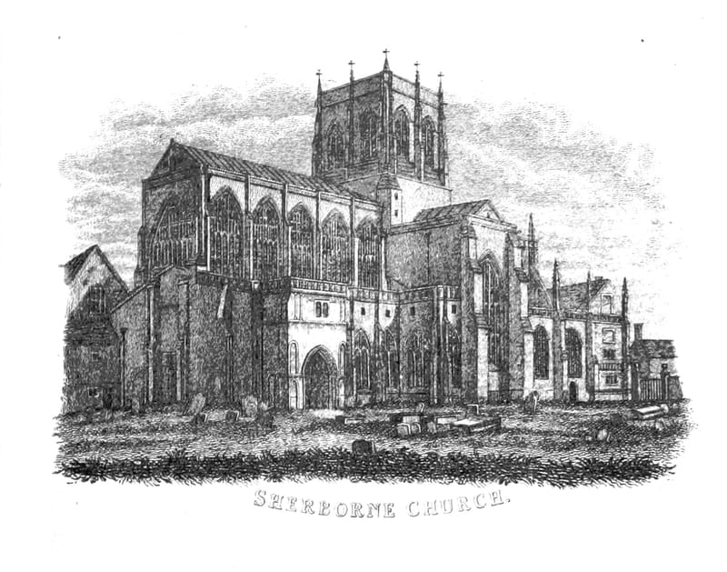 A small engraving of Sherborne Abbey with its great central tower.