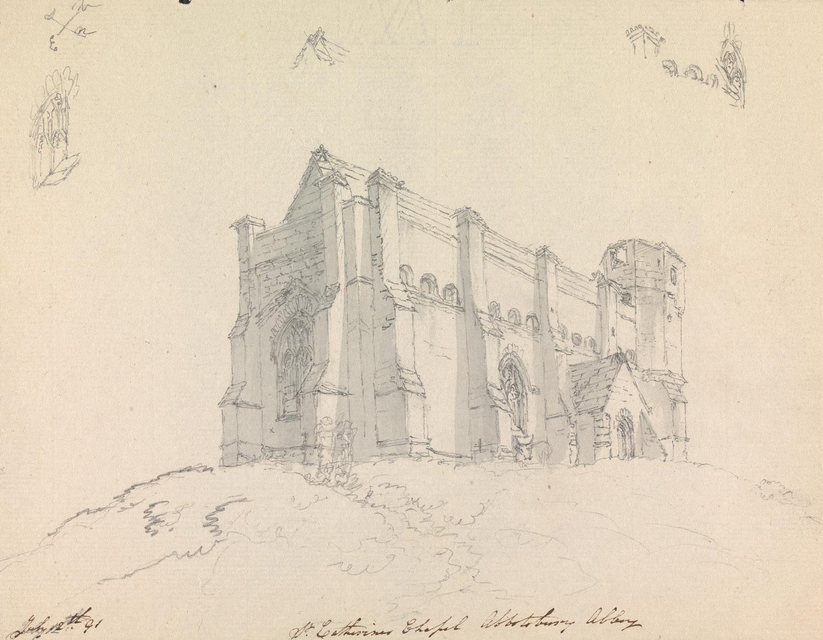 A pencil drawing of the stone chapel on its hilltop, with its buttresses and small turret.