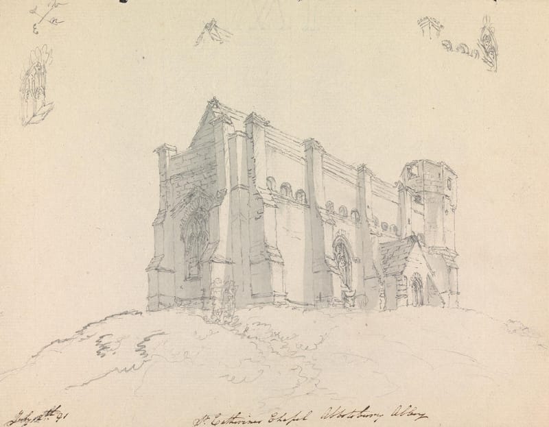 A pencil drawing of the stone chapel on its hilltop, with its buttresses and small turret.