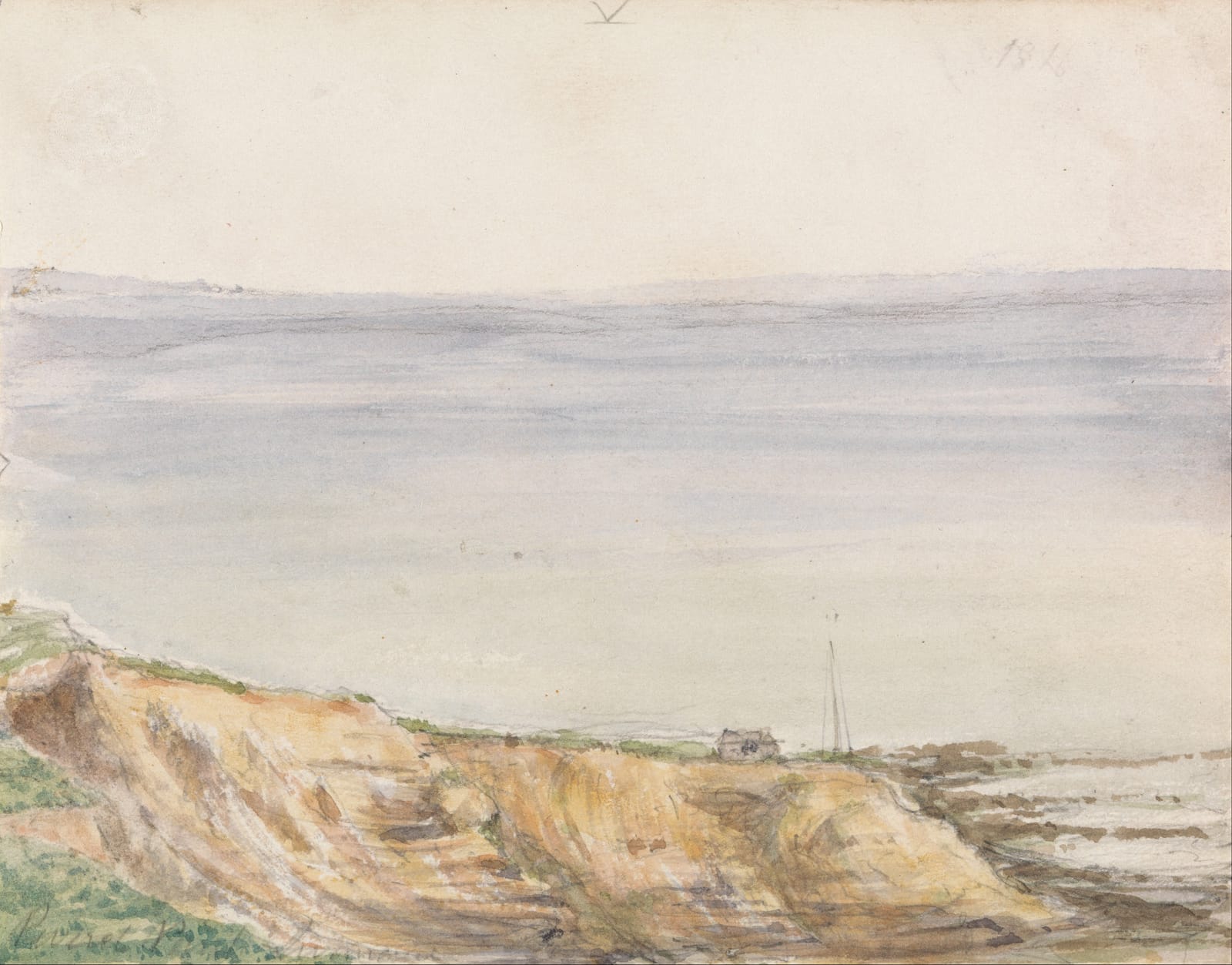 A pale watercolour of the sea at Swanage from a low grassy cliff, with the far shore faint on the horizon.