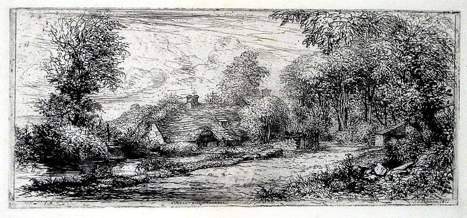 A dense etching of a mill half hidden in trees beside a track.