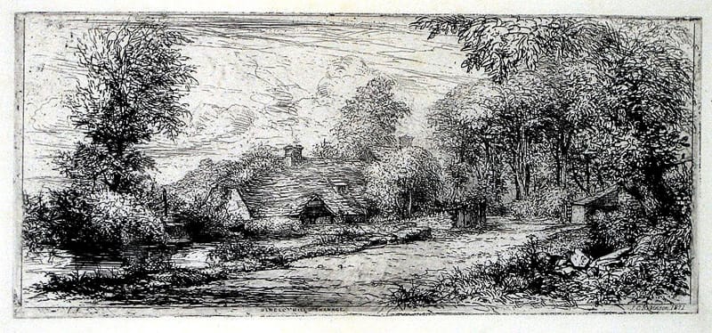 A dense etching of a mill half hidden in trees beside a track.