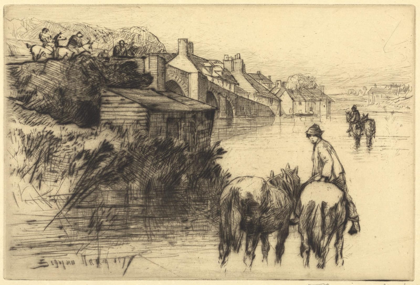 An etching of horses being led through shallow water by Wareham bridge, with houses along the bank.