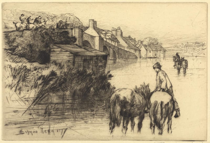 An etching of horses being led through shallow water by Wareham bridge, with houses along the bank.