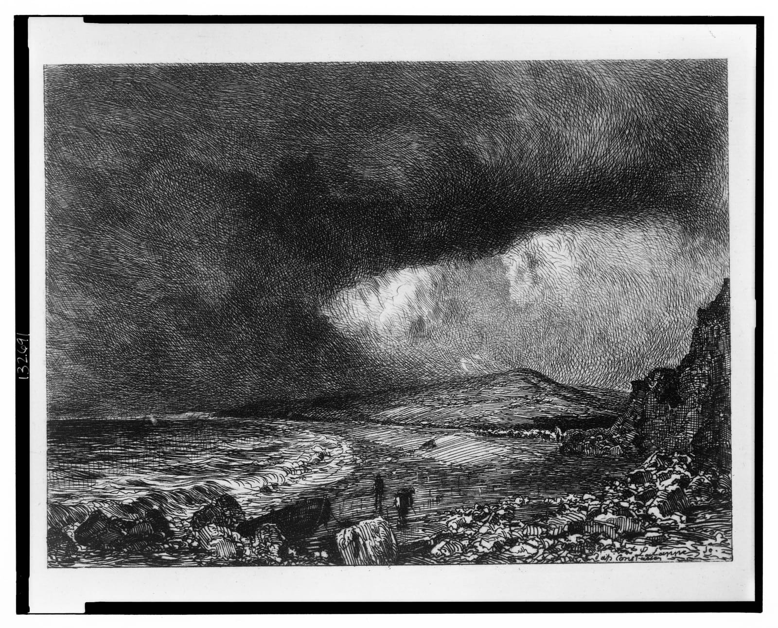 An etching of Weymouth Bay under heavy cloud, with light breaking through onto the water.