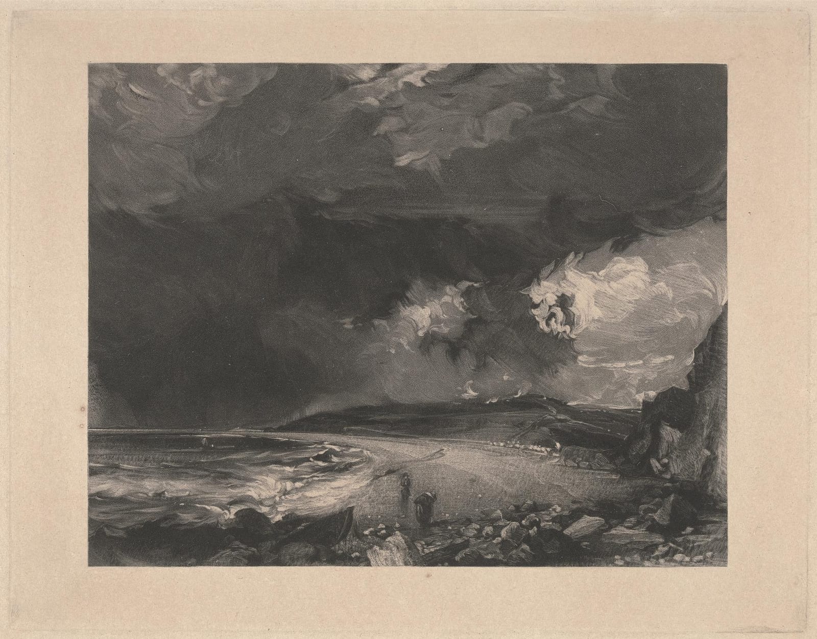 A dark mezzotint of storm clouds over Weymouth Bay, with a pale shore and a low headland.