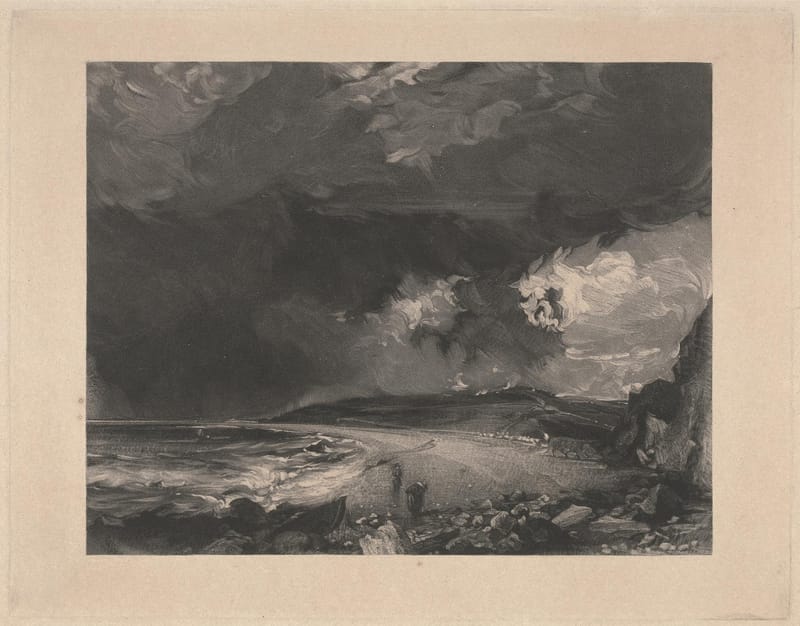 A dark mezzotint of storm clouds over Weymouth Bay, with a pale shore and a low headland.
