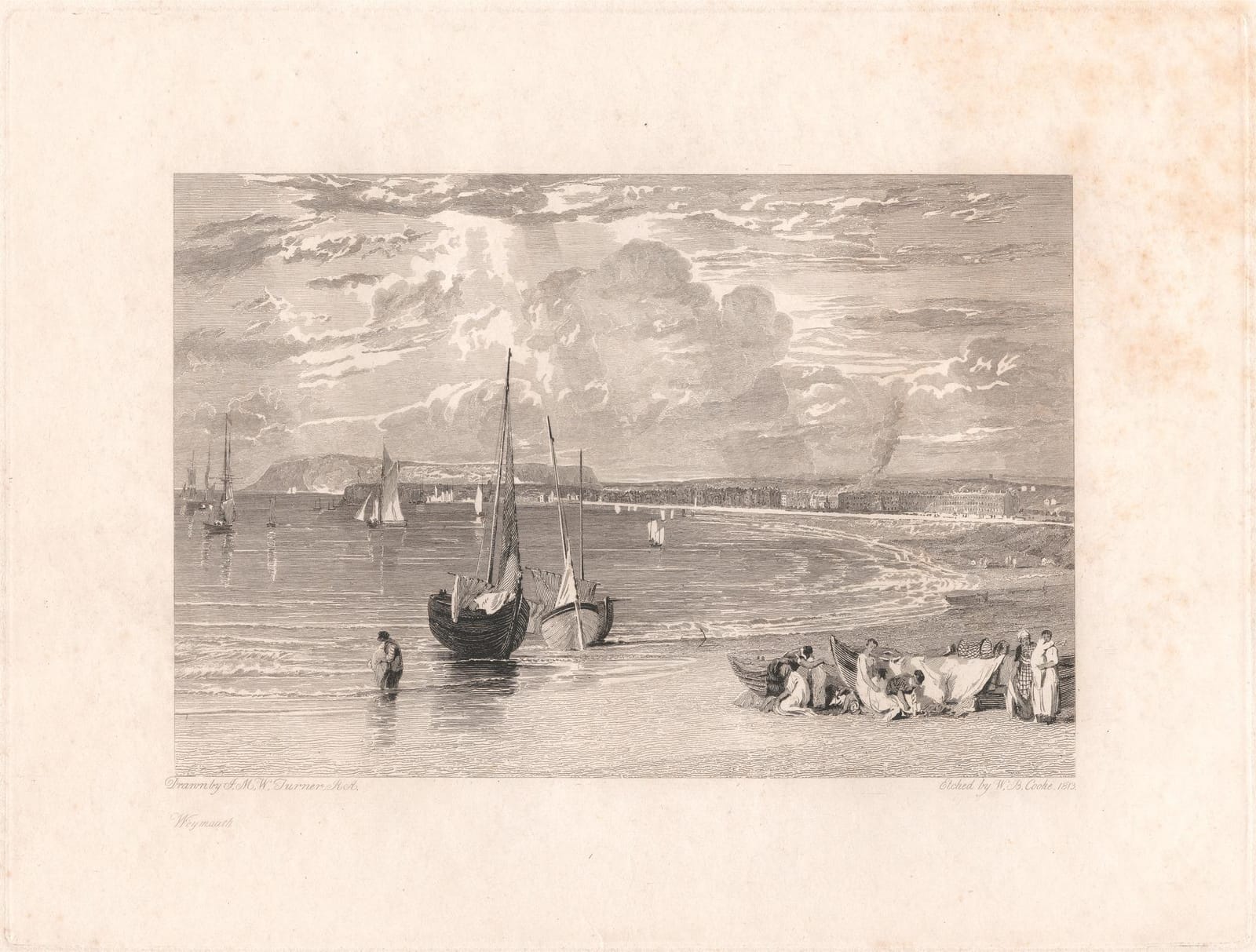 An engraving of fishing boats and fishermen on the shore, with Weymouth along the bay under shafts of light.
