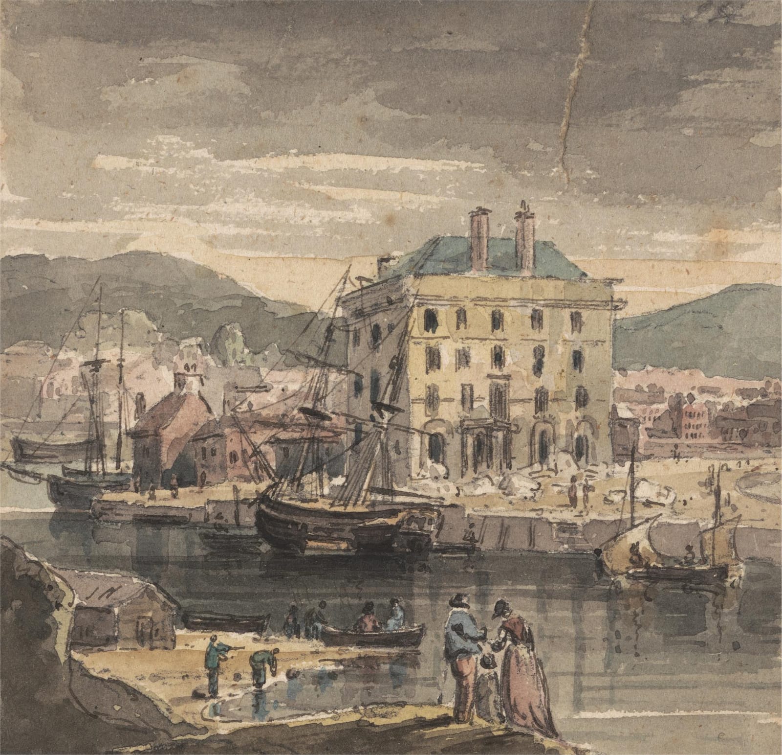 Sailing ships moored at Weymouth quay in front of a tall pale building, with people on the quayside.