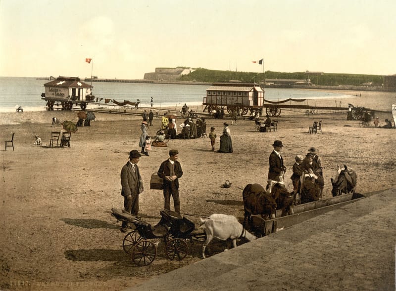 People on Weymouth sands among the bathing machines, with the headland across the bay.