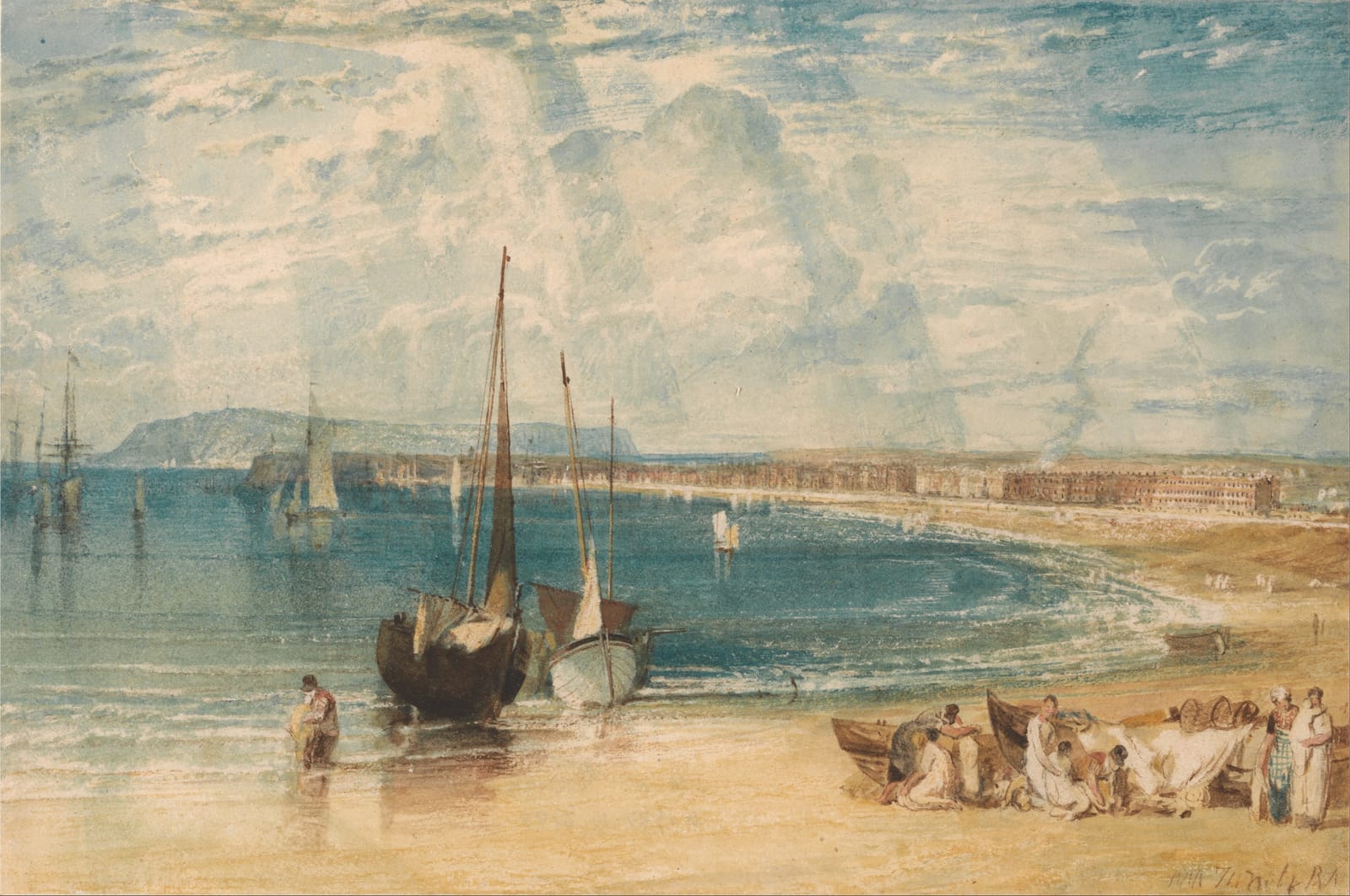 Fishing boats drawn up on Weymouth sands, with fishermen and their catch in the foreground and the long curve of the town across a bright bay.