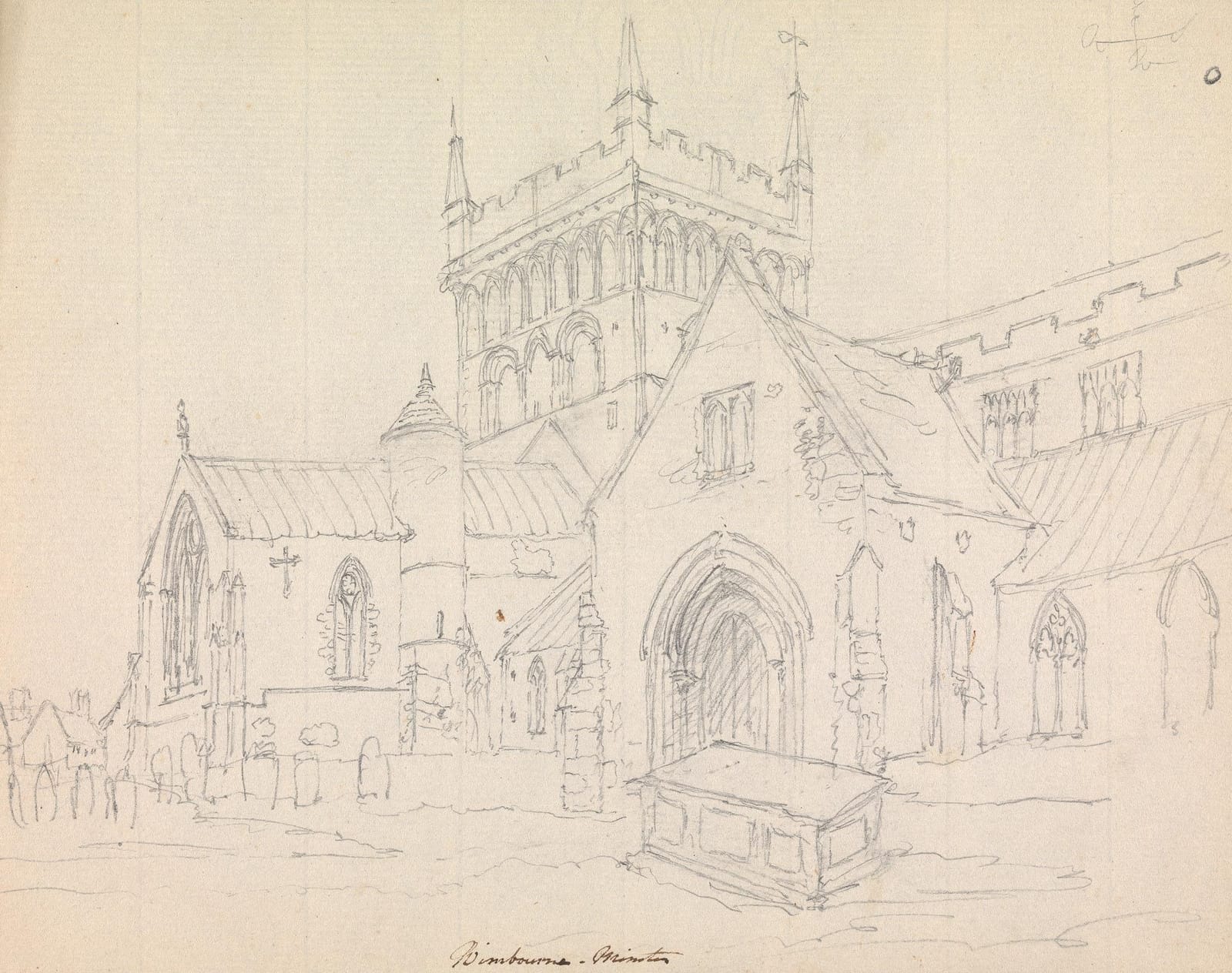 A pencil drawing of the tower and west front of Wimborne Minster.