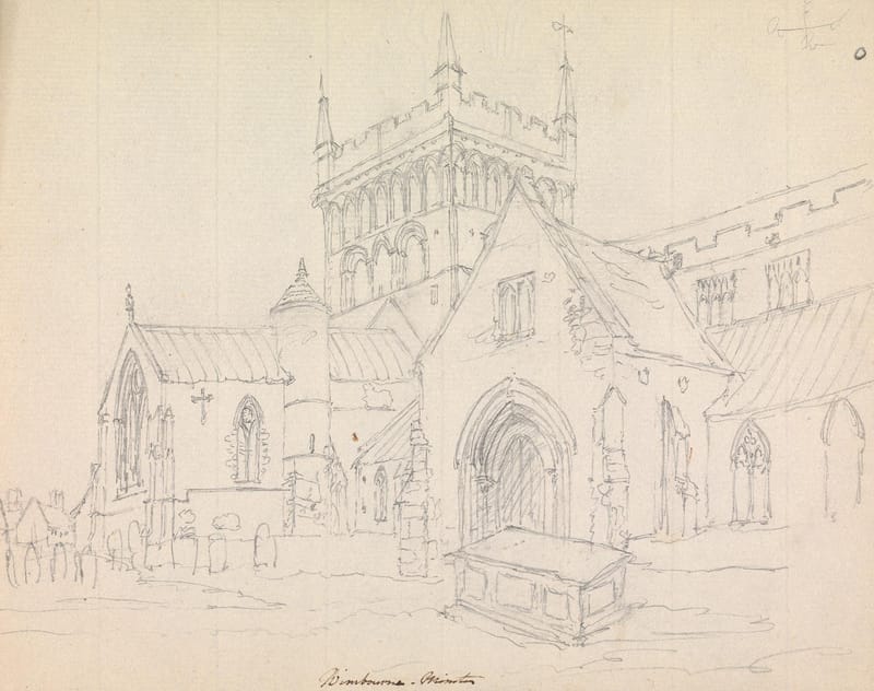 A pencil drawing of the tower and west front of Wimborne Minster.