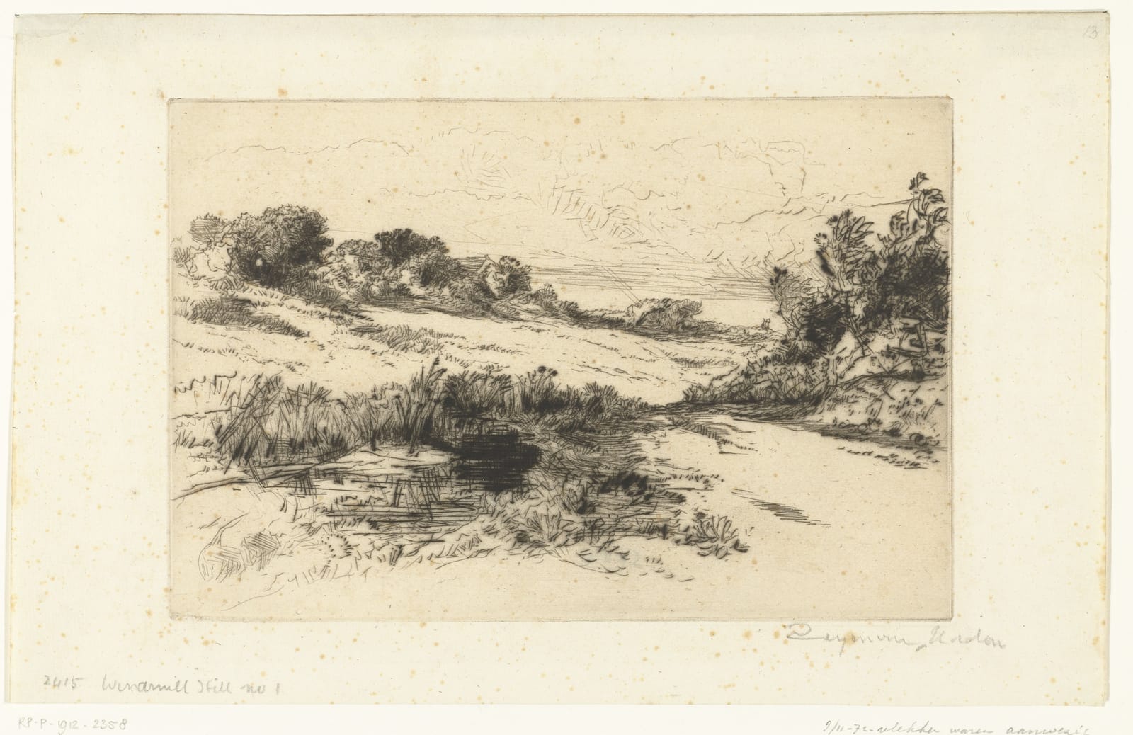 A drypoint of rough heathland rising to a low hill, with bushes and a tree on the right.
