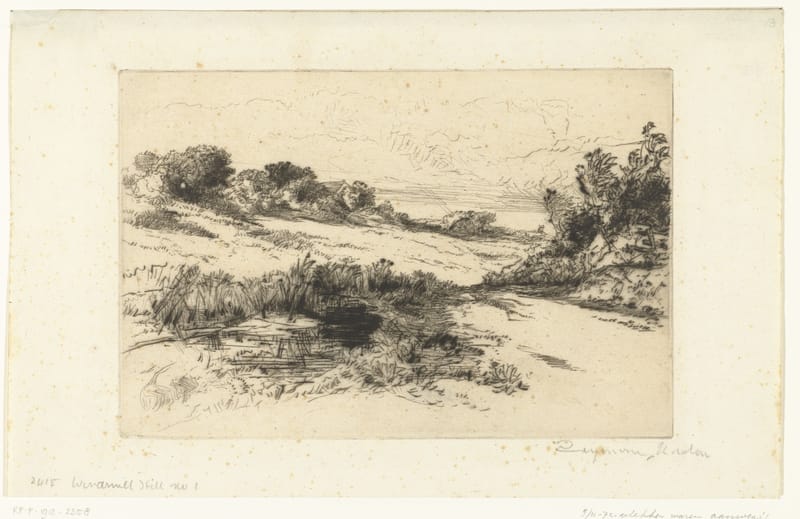 A drypoint of rough heathland rising to a low hill, with bushes and a tree on the right.