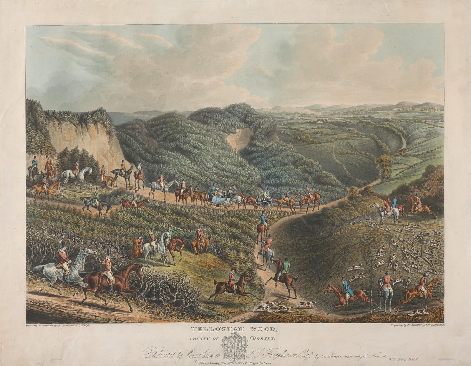Huntsmen in red coats galloping with hounds across a valley below Yellowham Wood.
